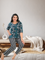 MANGAI Premium Cotton Printed Night Suits | Stylish Print's All Over | Top & Bottom Set | 3/4 Sleeve | Trendy Night Suits for Stylish Women's (CNS)
