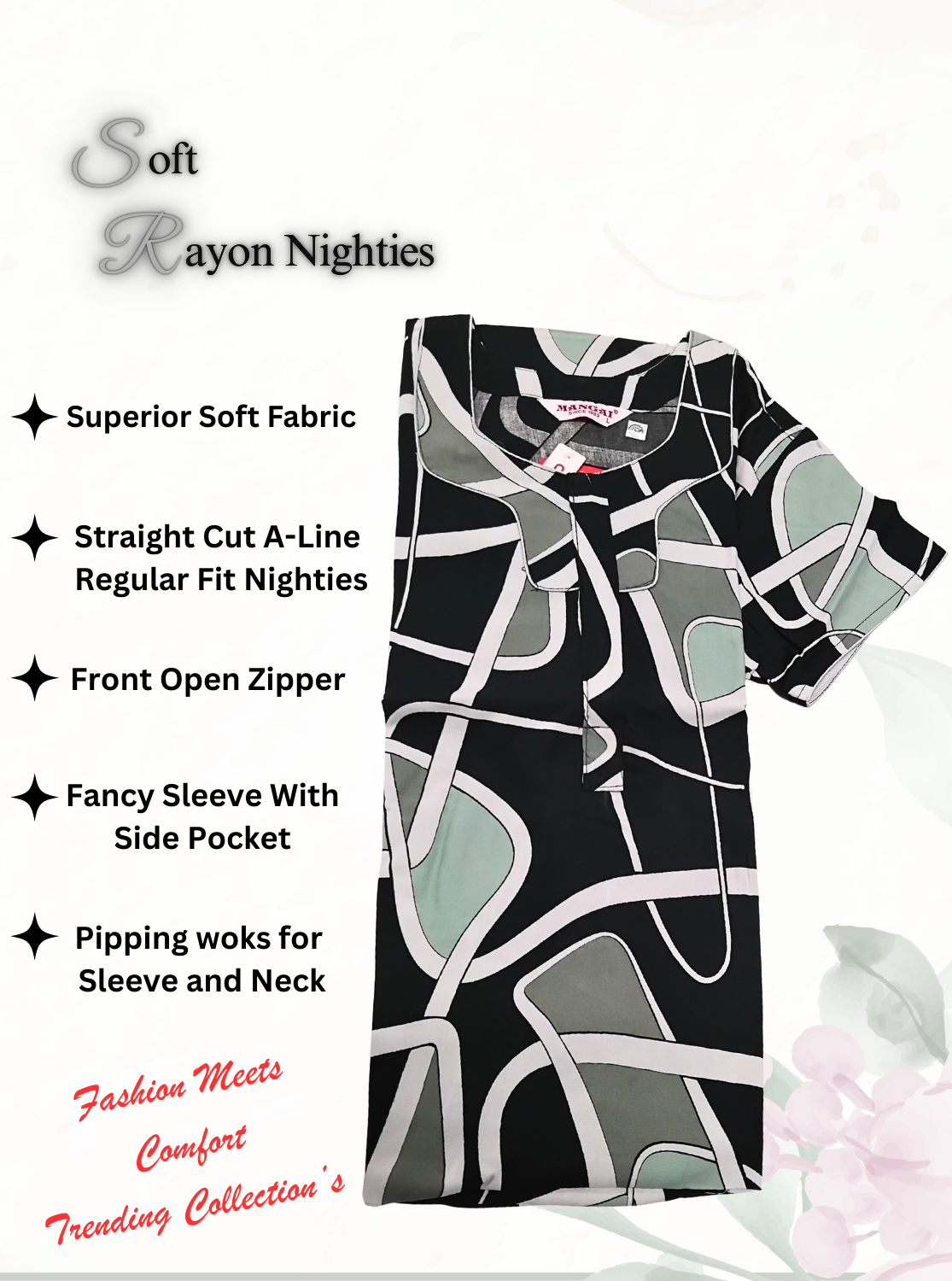 MANGAI Premium RAYON Printed Nighties- All Over Printed Stylish Nightwear for Stylish Women | Updated Design's (LDM)