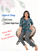 MANGAI Premium Cotton Printed Night Suits | Stylish Print's All Over | Top & Bottom Set | 3/4 Sleeve | Trendy Night Suits for Stylish Women's (CNS)