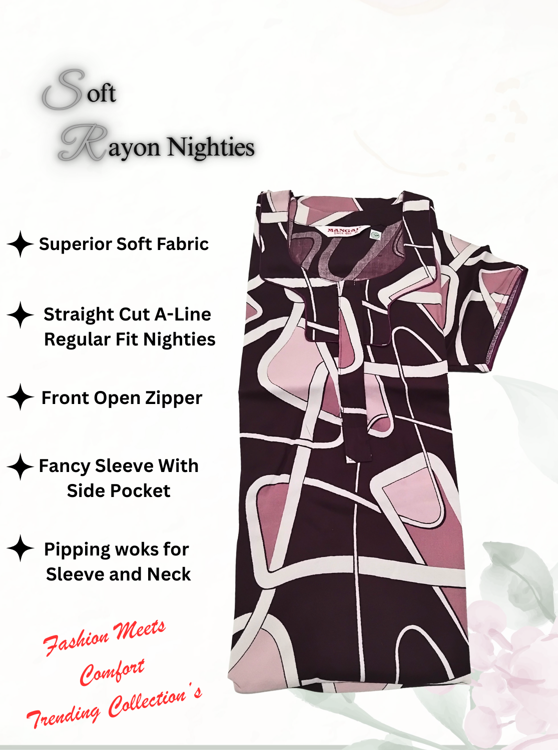 MANGAI Premium RAYON Printed Nighties- All Over Printed Stylish Nightwear for Stylish Women | Updated Design's (LDM)