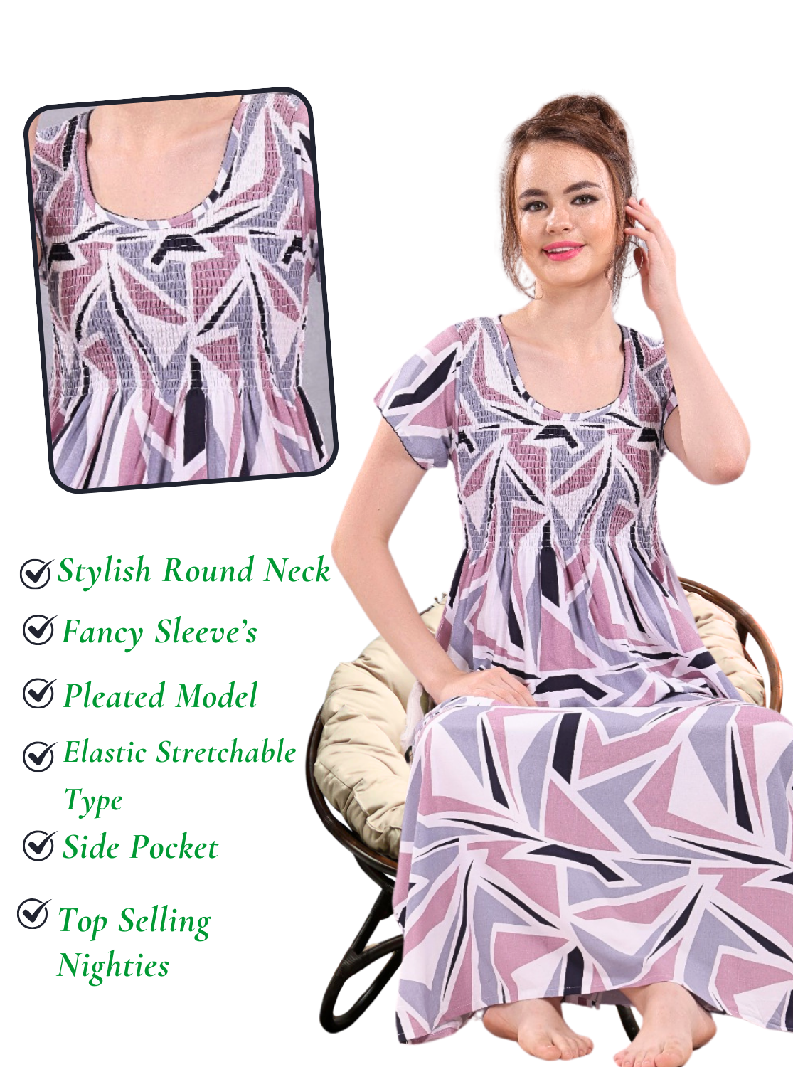 Stylish RAYON Smocking Nighty | Beautiful Pleated Design | Side Pocket | Stylish Nighty for Trendy Women's | Your Perfect Nightwear Collection's (RYS)