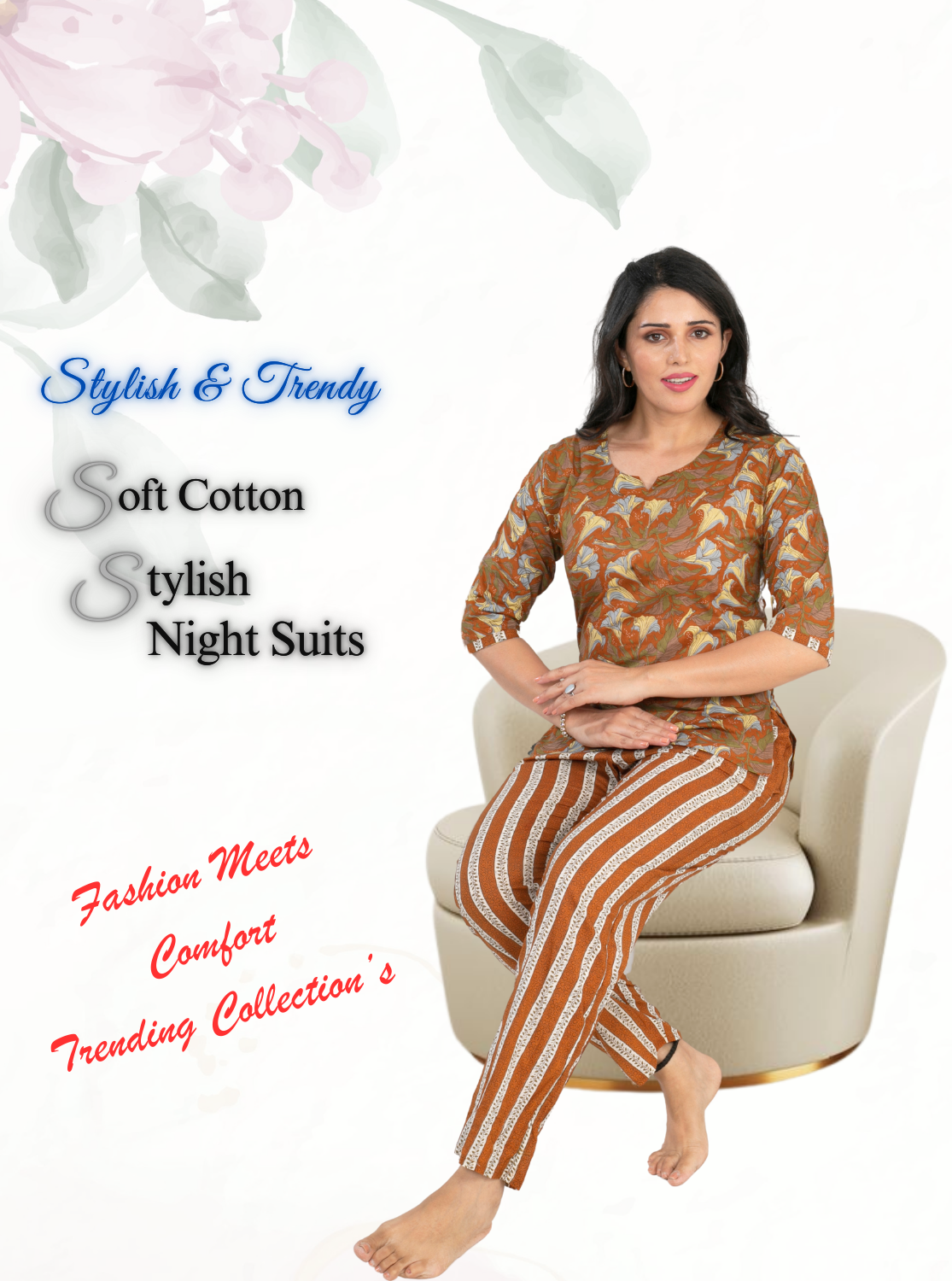 MANGAI Premium Cotton Printed Night Suits | Stylish Print's All Over | Top & Bottom Set | 3/4 Sleeve | Trendy Night Suits for Stylish Women's (CNS)