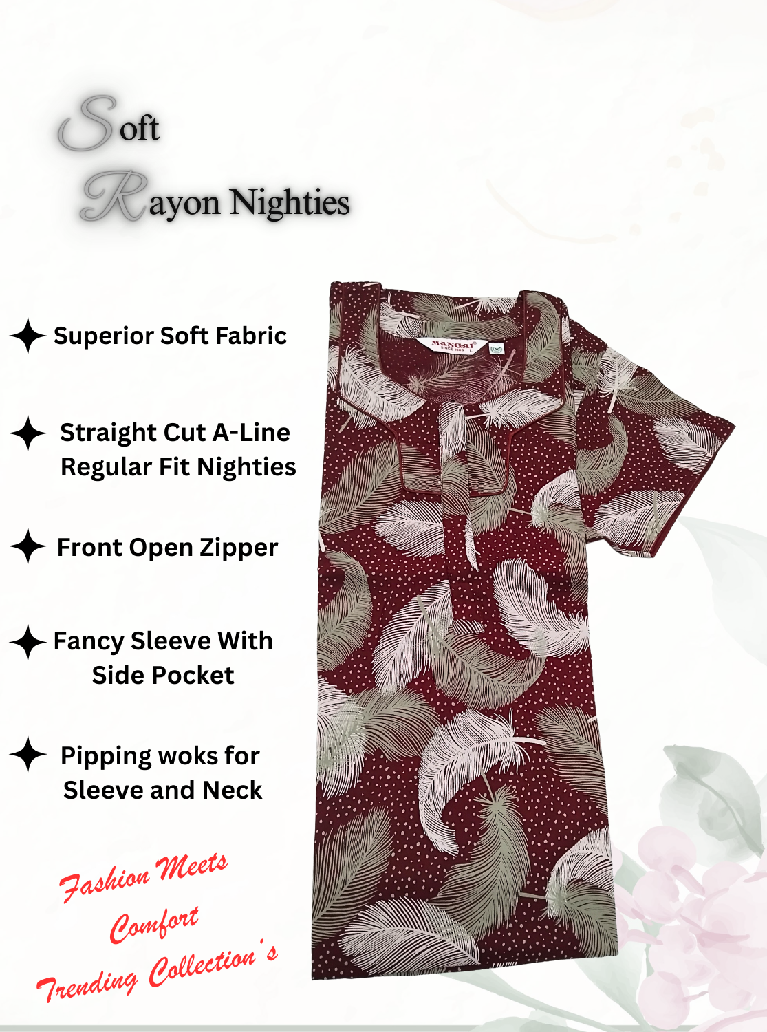 MANGAI Premium RAYON Printed Nighties- All Over Printed Stylish Nightwear for Stylish Women | Updated Design's (LDM)