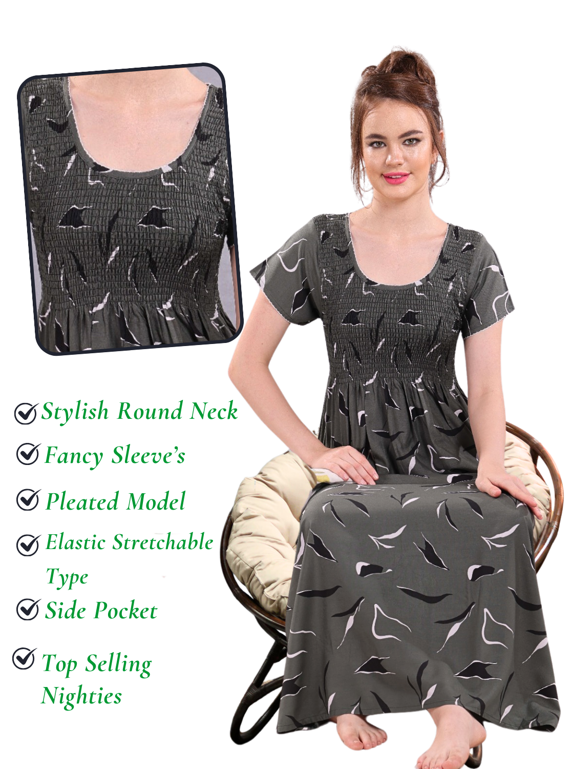 Stylish RAYON Smocking Nighty | Beautiful Pleated Design | Side Pocket | Stylish Nighty for Trendy Women's | Your Perfect Nightwear Collection's (RYS)