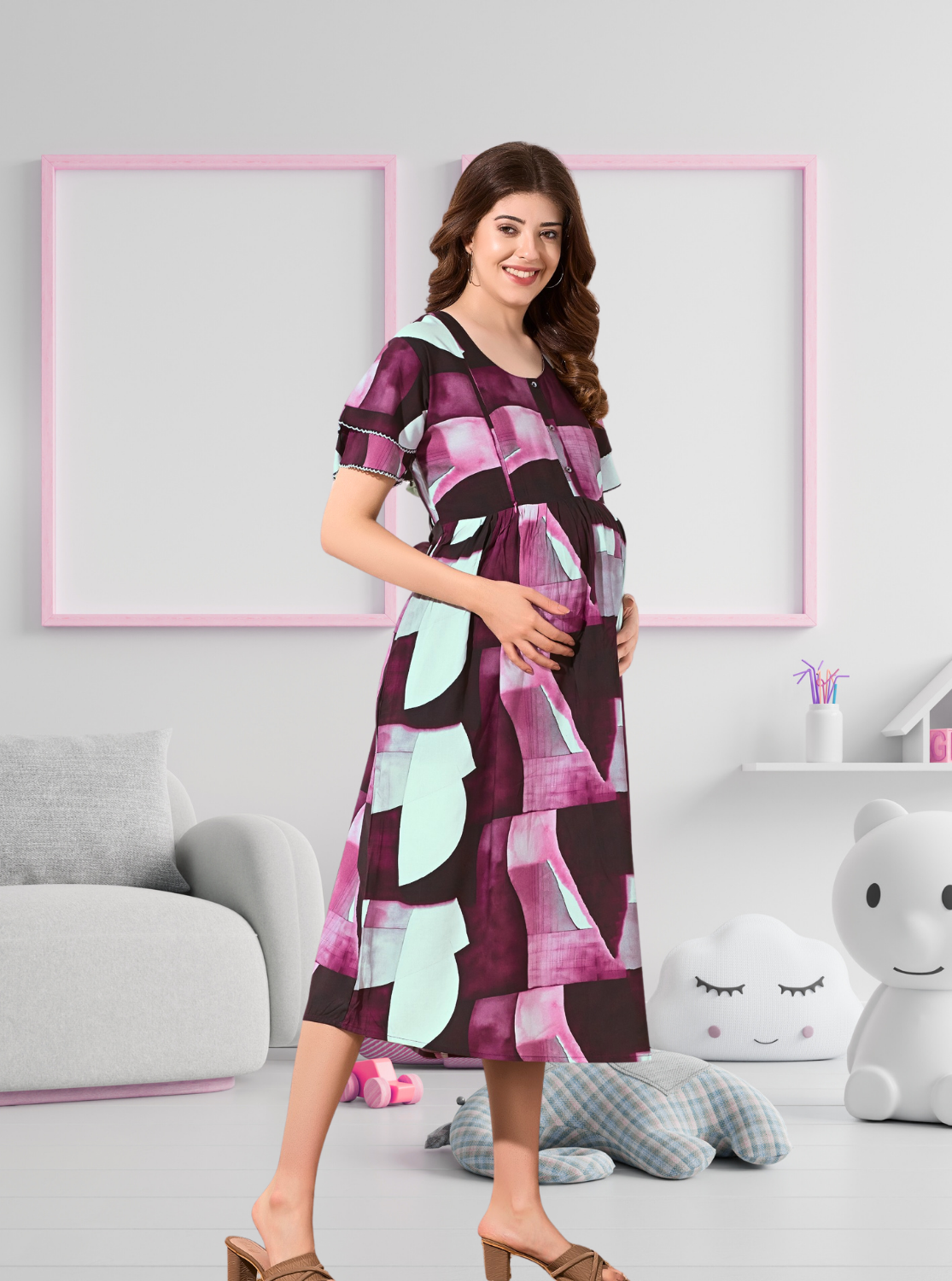 New Stylish Digital Printed Rayon Maternity MAXI Frock | Feeding Friendly Vertical Invisible Zipper's | Adjustable Back Tie Rope | Side Pocket with Fancy Sleeve's | Perfect Maternity Feeding MAXI Frock (DRM)