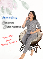 MANGAI Premium Cotton Printed Night Suits | Stylish Print's All Over | Top & Bottom Set | 3/4 Sleeve | Trendy Night Suits for Stylish Women's (CNS)