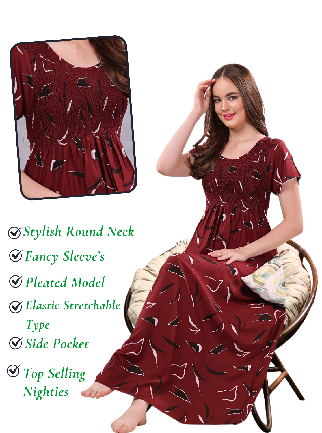 Stylish RAYON Smocking Nighty | Beautiful Pleated Design | Side Pocket | Stylish Nighty for Trendy Women's | Your Perfect Nightwear Collection's (RYS)