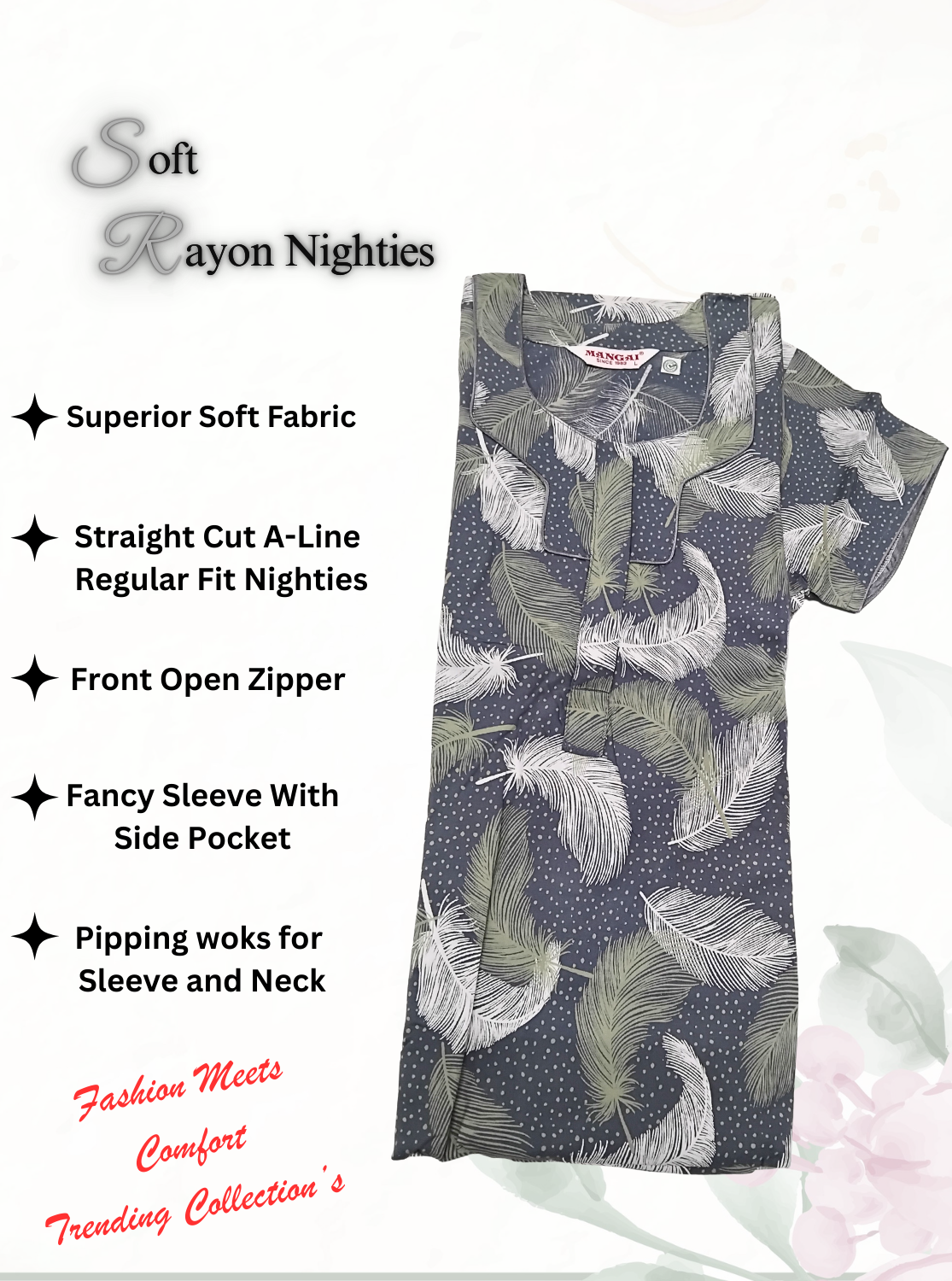 MANGAI Premium RAYON Printed Nighties- All Over Printed Stylish Nightwear for Stylish Women | Updated Design's (LDM)