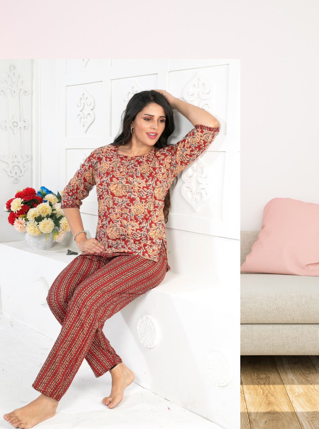 MANGAI Premium Cotton Printed Night Suits | Stylish Print's All Over | Top & Bottom Set | 3/4 Sleeve | Trendy Night Suits for Stylish Women's (CNS)