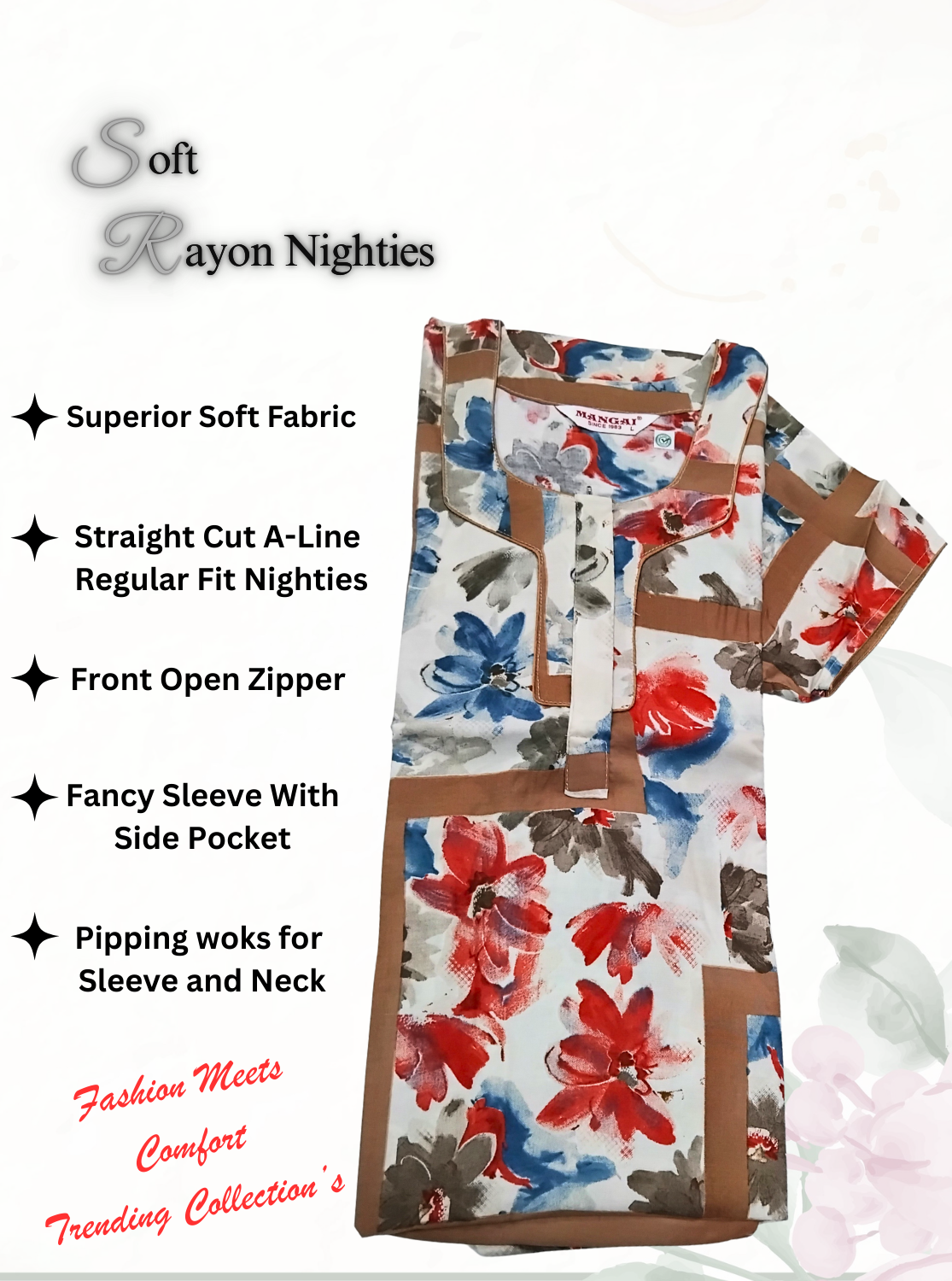 MANGAI Premium RAYON Printed Nighties- All Over Printed Stylish Nightwear for Stylish Women | Updated Design's (LDM)