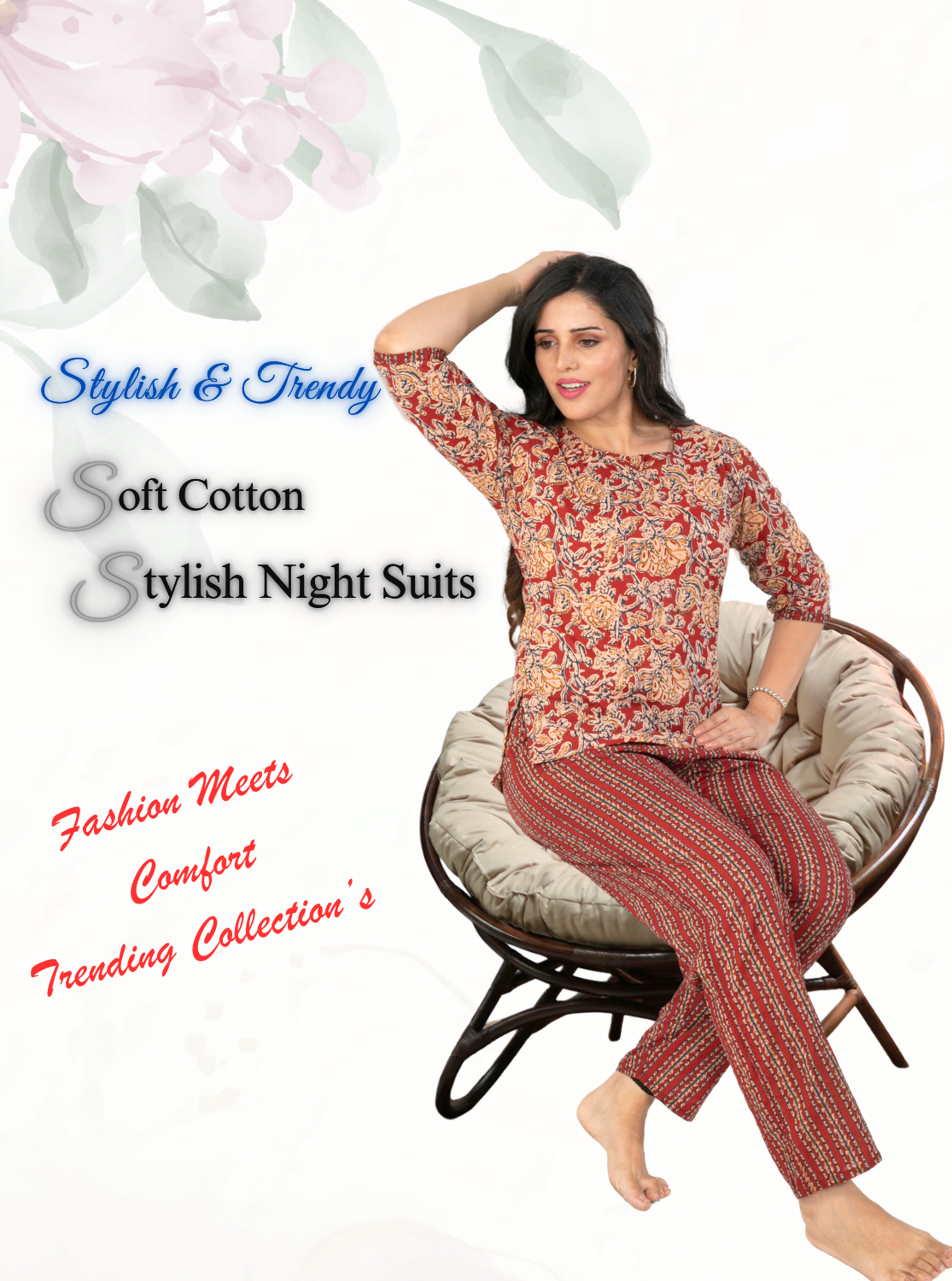 MANGAI Premium Cotton Printed Night Suits | Stylish Print's All Over | Top & Bottom Set | 3/4 Sleeve | Trendy Night Suits for Stylish Women's (CNS)