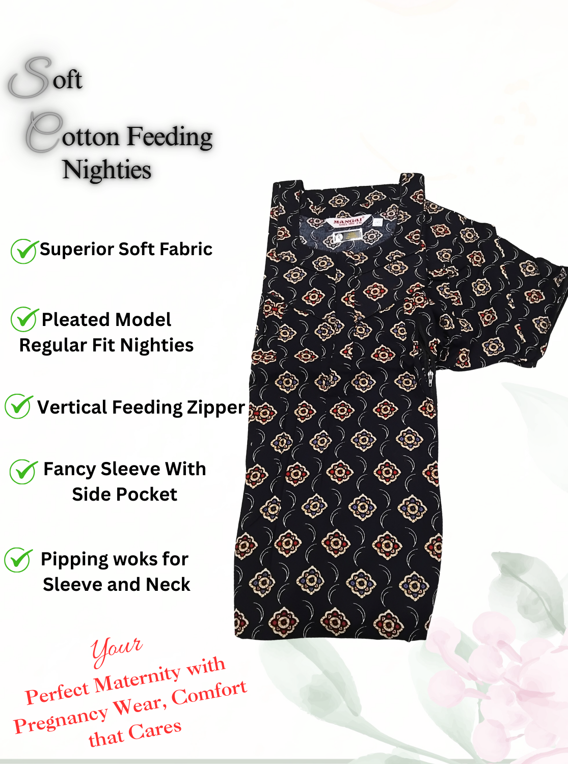 MANGAI Cotton Straight Zip Feeding Nighty |Post Pregnancy | Comfort and Style | Pleated Model | Soft Cotton Feeding Nighties (STF)