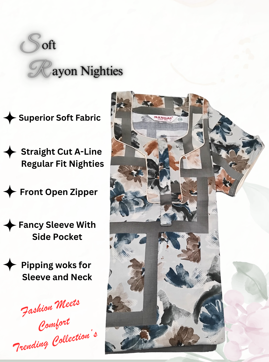MANGAI Premium RAYON Printed Nighties- All Over Printed Stylish Nightwear for Stylish Women | Updated Design's (LDM)