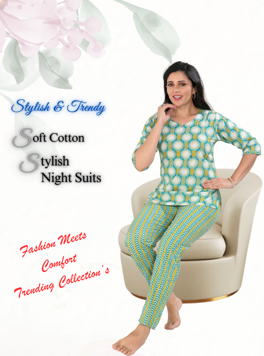 MANGAI Premium Cotton Printed Night Suits | Stylish Print's All Over | Top & Bottom Set | 3/4 Sleeve | Trendy Night Suits for Stylish Women's (CNS)