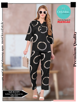 ONLY MINE Premium RAYON Printed Stylish V-Cut Neck Model Night Suits | Stylish Print's All Over | Top & Bottom Set | 3/4 Sleeve| U-Cut Neck | Trendy Night Suits for Stylish Women's (SNS)