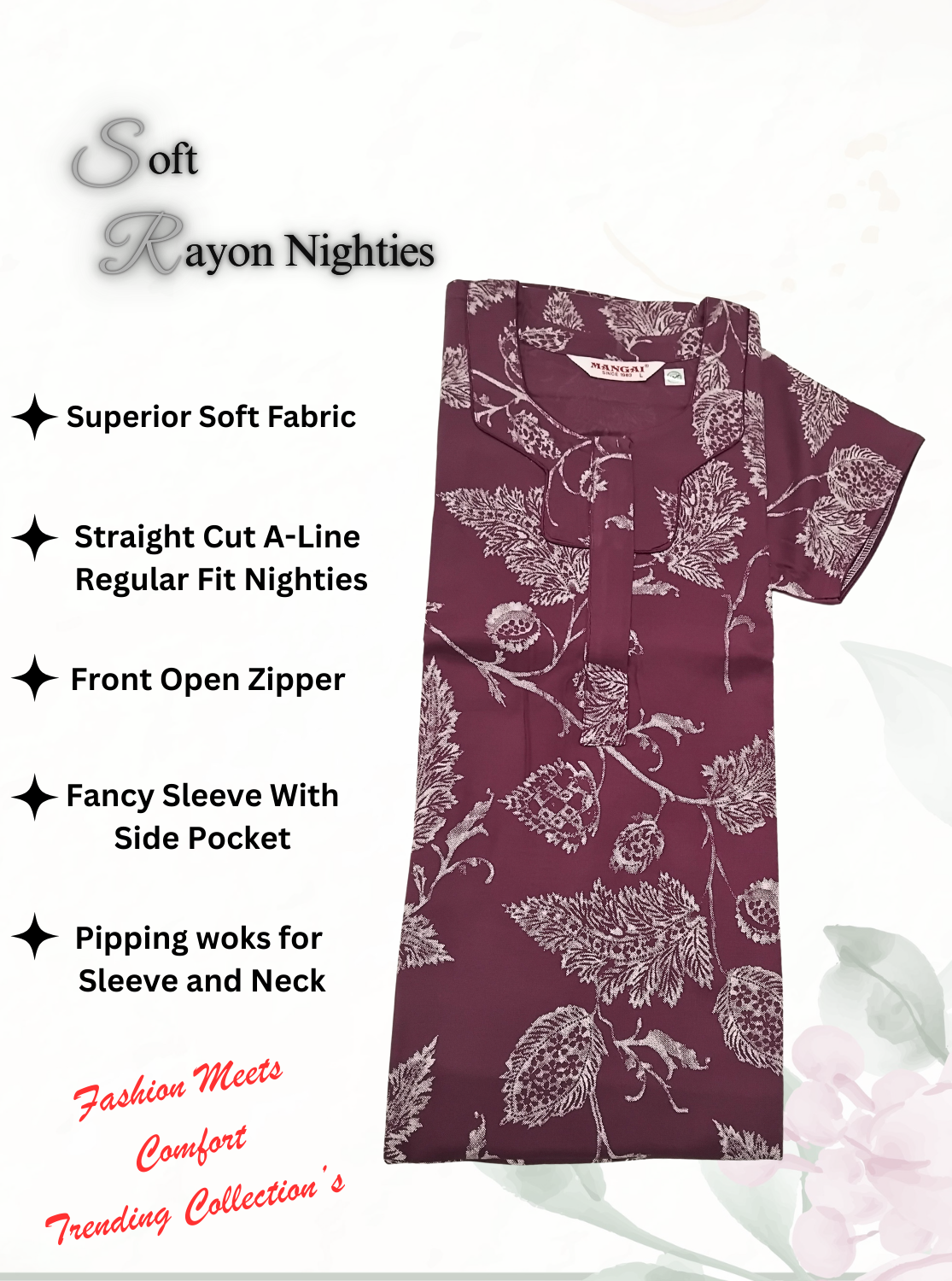 MANGAI Premium RAYON Printed Nighties- All Over Printed Stylish Nightwear for Stylish Women | Updated Design's (LDM)