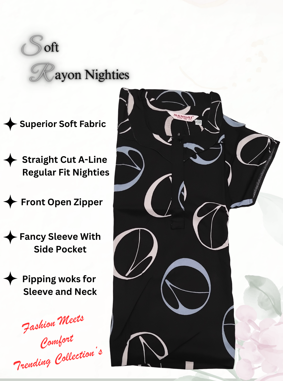 MANGAI Premium RAYON Printed Nighties- All Over Printed Stylish Nightwear for Stylish Women | Updated Design's (LDM)