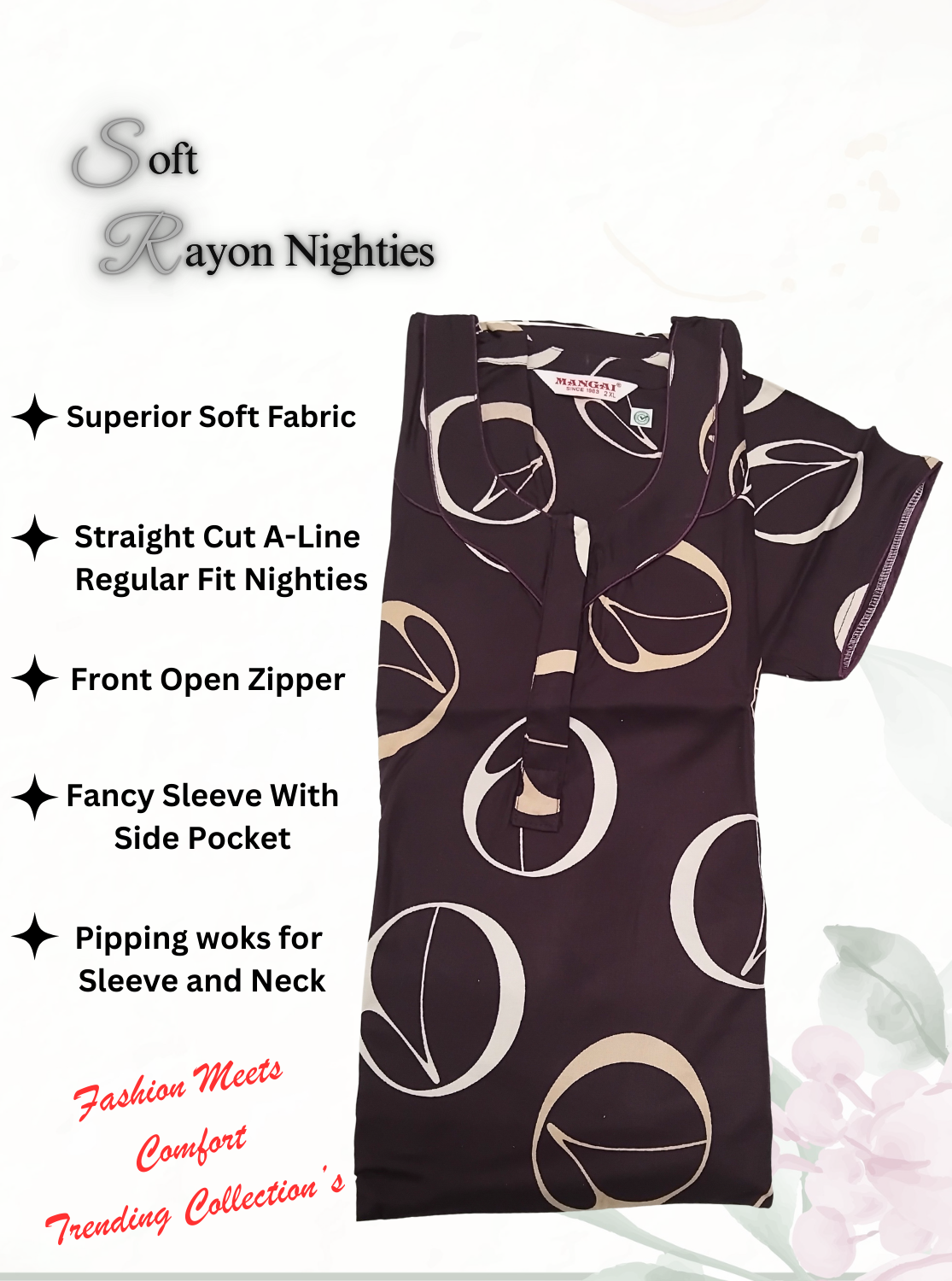 MANGAI Premium RAYON Printed Nighties- All Over Printed Stylish Nightwear for Stylish Women | Updated Design's (LDM)