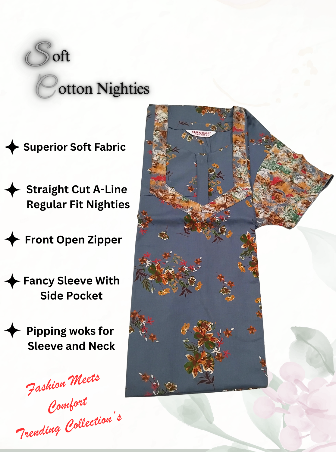 MANGAI Premium COTTON Printed Nighties- All Over Printed Stylish Nightwear for Stylish Women | Updated Design's (LDM)
