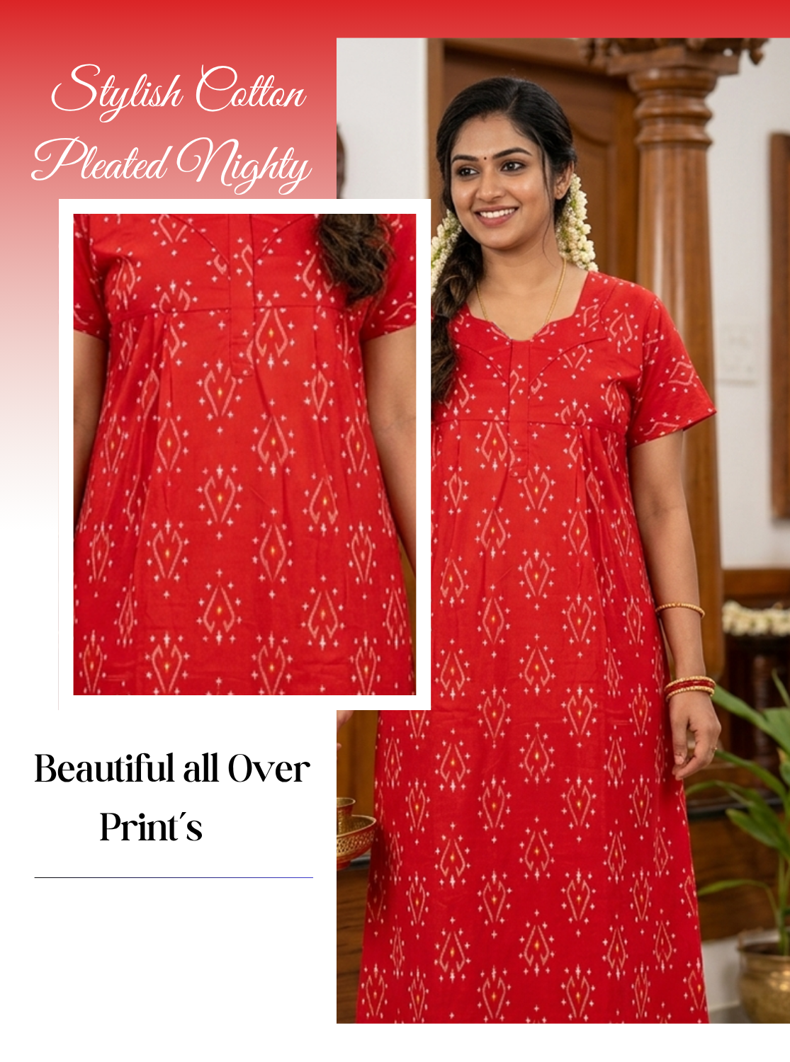 MANGAI Premium Cotton Printed Pleated Model Half Sleeve 4XL Size Nighties - Fancy Neck | With Side Pocket |Shrinkage Free Nighties | Trendy Collection's for Stylish Women's (4PZ)