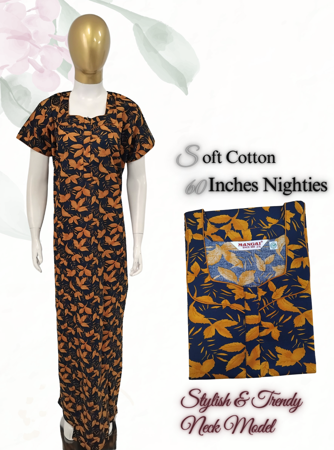 MANGAI Premium Cotton 60Inch Nighties - Fancy Neck | With Side Pocket | Shrinkage Free Nighties | Stylish Collection's for Trendy Women's - (60IN-FFN)