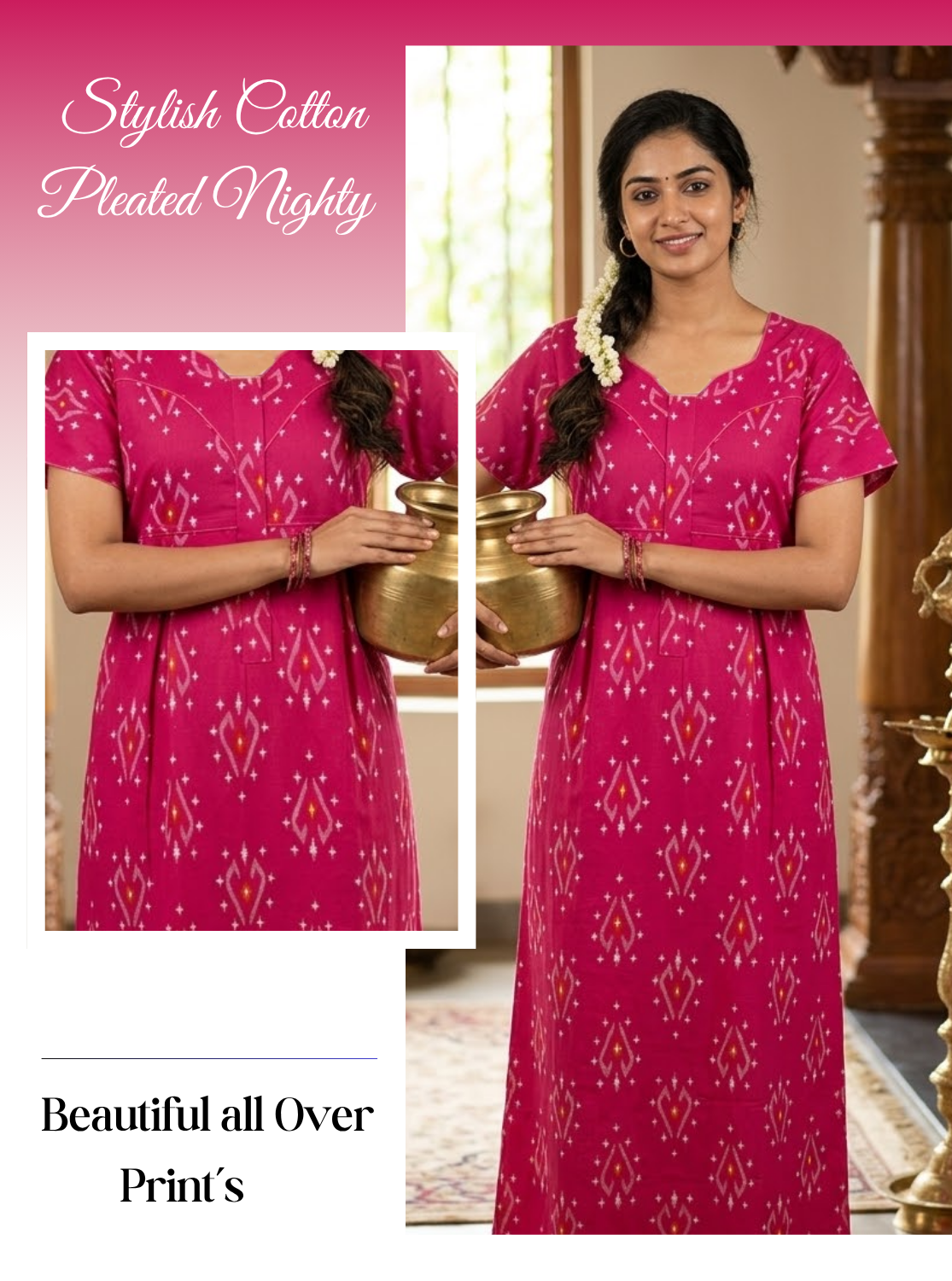 MANGAI Premium Cotton Printed Pleated Model Half Sleeve 4XL Size Nighties - Fancy Neck | With Side Pocket |Shrinkage Free Nighties | Trendy Collection's for Stylish Women's (4PZ)