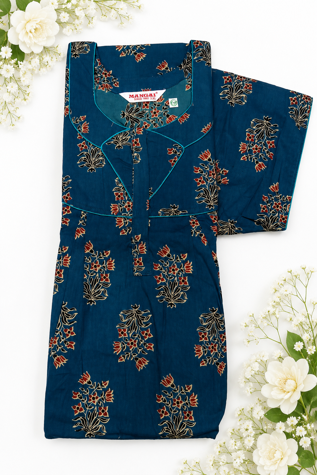 MANGAI Cotton Printed Pleated Model Half Sleeve 3XL Size Nighties (3PZ)