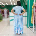Sky blue rayon long frock with back tie and pocket - Mangai Nighties