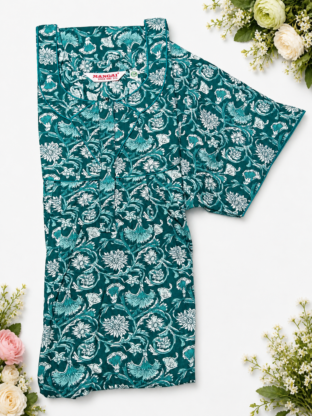 MANGAI Premium Cotton Printed Pleated Model Half Sleeve 3XL Size Nighties With Fancy Neck | With Side Pocket (3PZ)