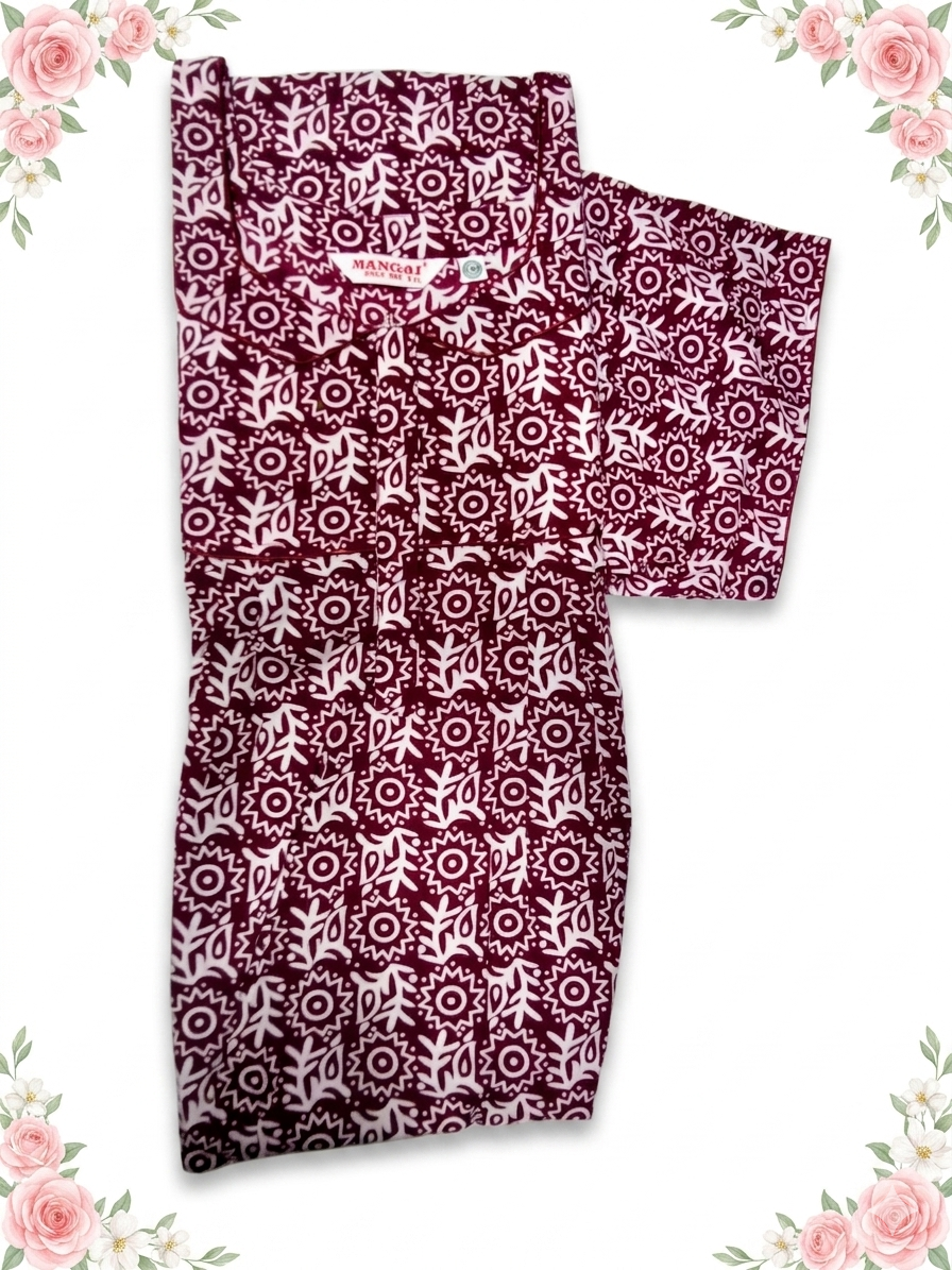 MANGAI Cotton Printed Pleated Model Half Sleeve 5XL Size Nighties withFancy Neck | With Side Pocket (5PZ)