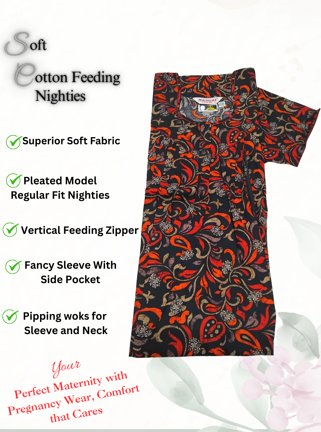 MANGAI Cotton Straight Zip Feeding Nighty |Post Pregnancy | Comfort and Style | Pleated Model | Soft Cotton Feeding Nighties (STF)
