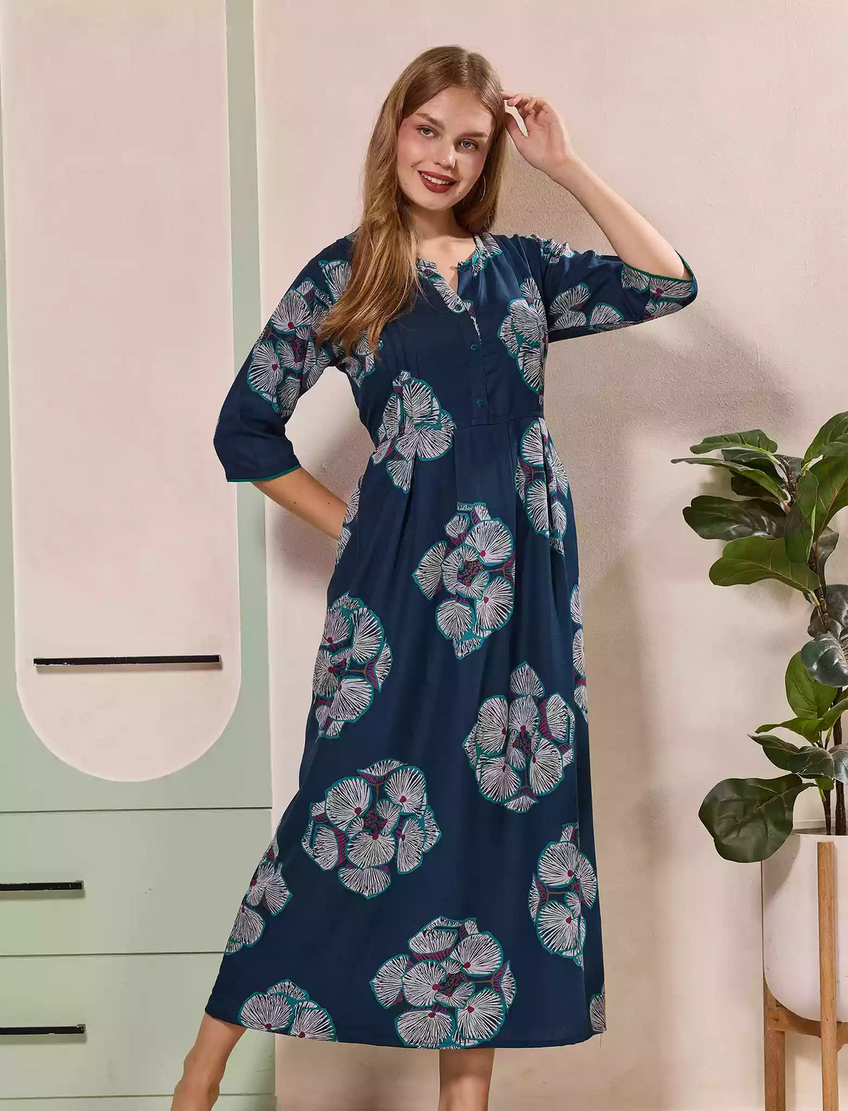 Floral Print Kurti Style Long Sleeve with Pocket – Mangai Nighties