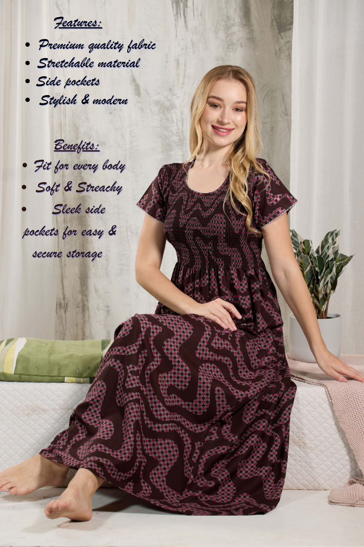 ALPINE Smocking Nighty | Beautiful Pleated Design | Side Pocket | Stylish Nighty for Trendy Women's | Your Perfect Nightwear Collection's (ALS)