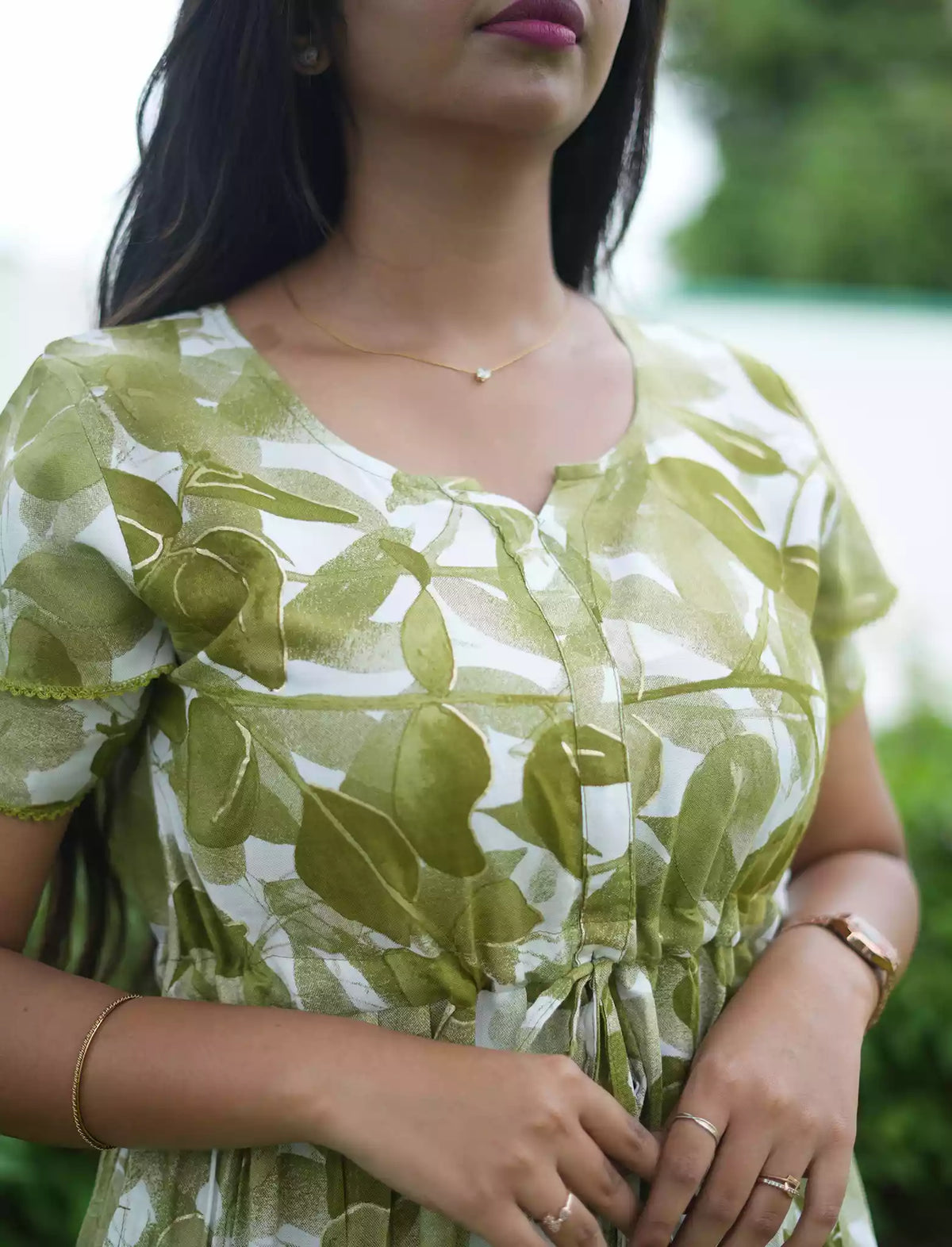 Rayon Leaf Print Gathering Maxi with Layer Sleeve - Mangai Nighties
