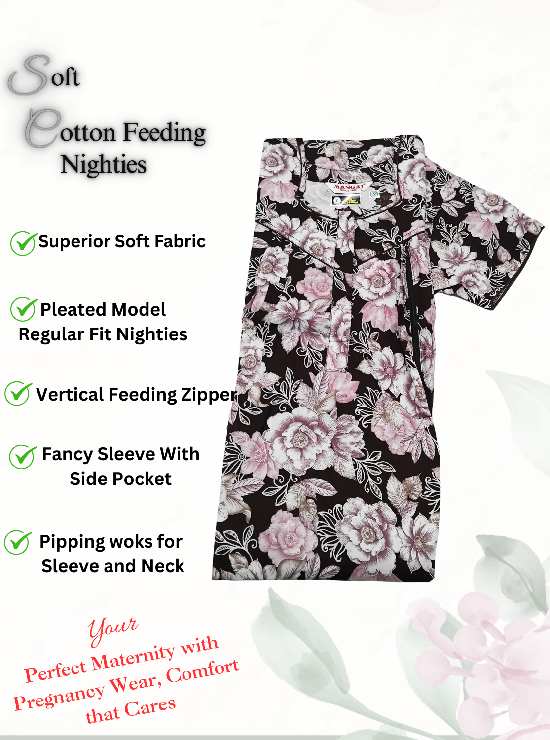 MANGAI Cotton Straight Zip Feeding Nighty |Post Pregnancy | Comfort and Style | Pleated Model | Soft Cotton Feeding Nighties (STF)