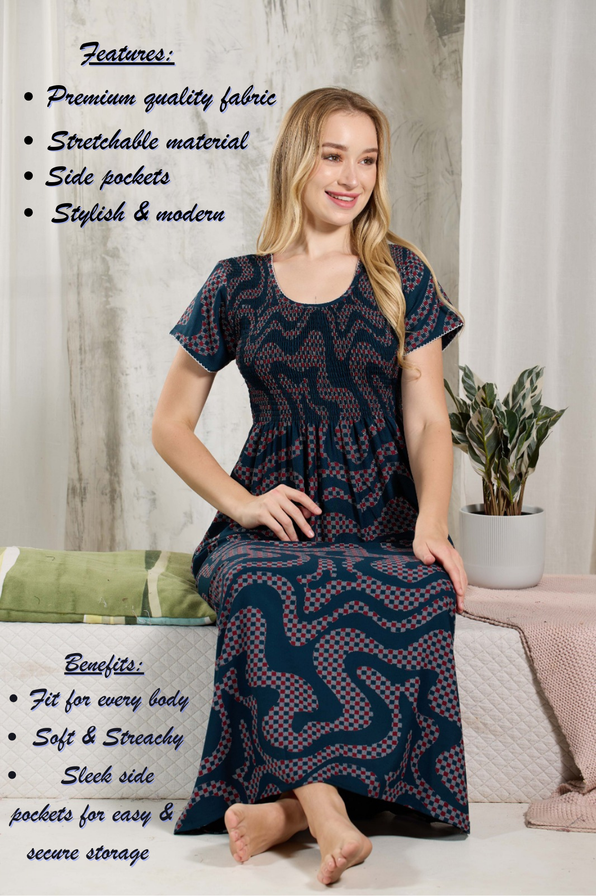 ALPINE Smocking Nighty | Beautiful Pleated Design | Side Pocket | Stylish Nighty for Trendy Women's | Your Perfect Nightwear Collection's (ALS)