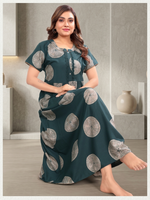 Premium Rayon Pleated Nighty – Modern Geometric Circle Print Half-Sleeve Nightwear with Fancy Lace Neck & Side Pocket Nighty