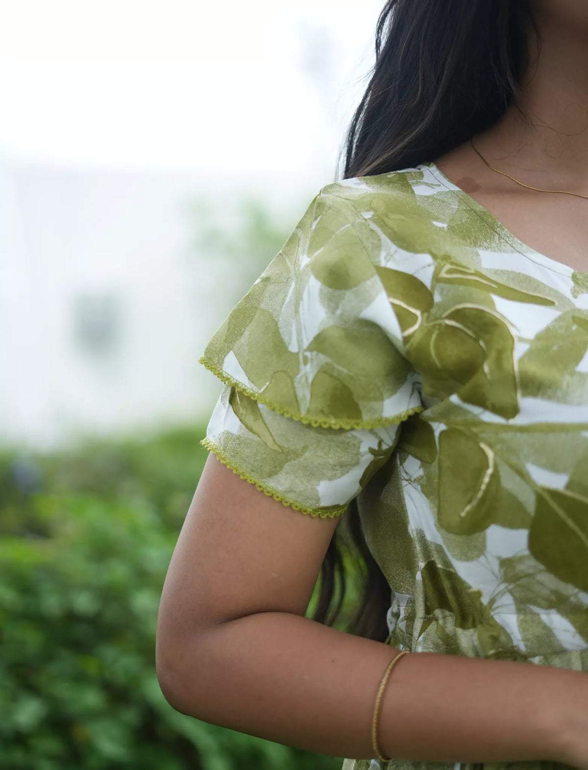 Rayon Leaf Print Gathering Maxi with Layer Sleeve - Mangai Nighties