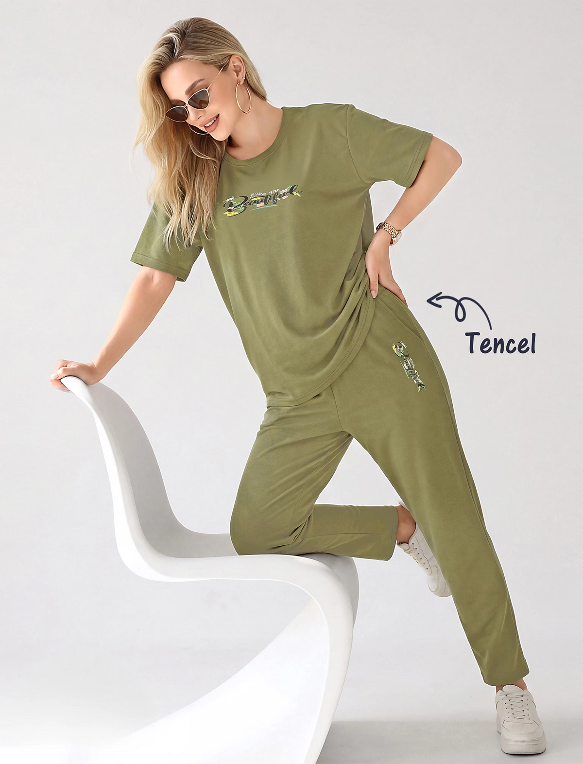 Olive Green Tencel Casual Night Suit - Mangai Nighties