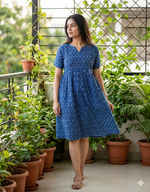 Onyx & Cream Katha-Print Premium Cotton Maternity Maxi – Dual Invisible Zipper Feeding Dress with Square Neck & Puff Sleeves