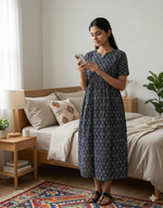 Onyx & Cream Katha-Print Premium Cotton Maternity Maxi – Dual Invisible Zipper Feeding Dress with Square Neck & Puff Sleeves