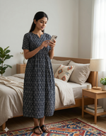 Elegant Charcoal Grey Katha Print Maternity & Feeding Maxi Dress with Pockets – Soft Cotton Pleated Nursing Frock (KFM)