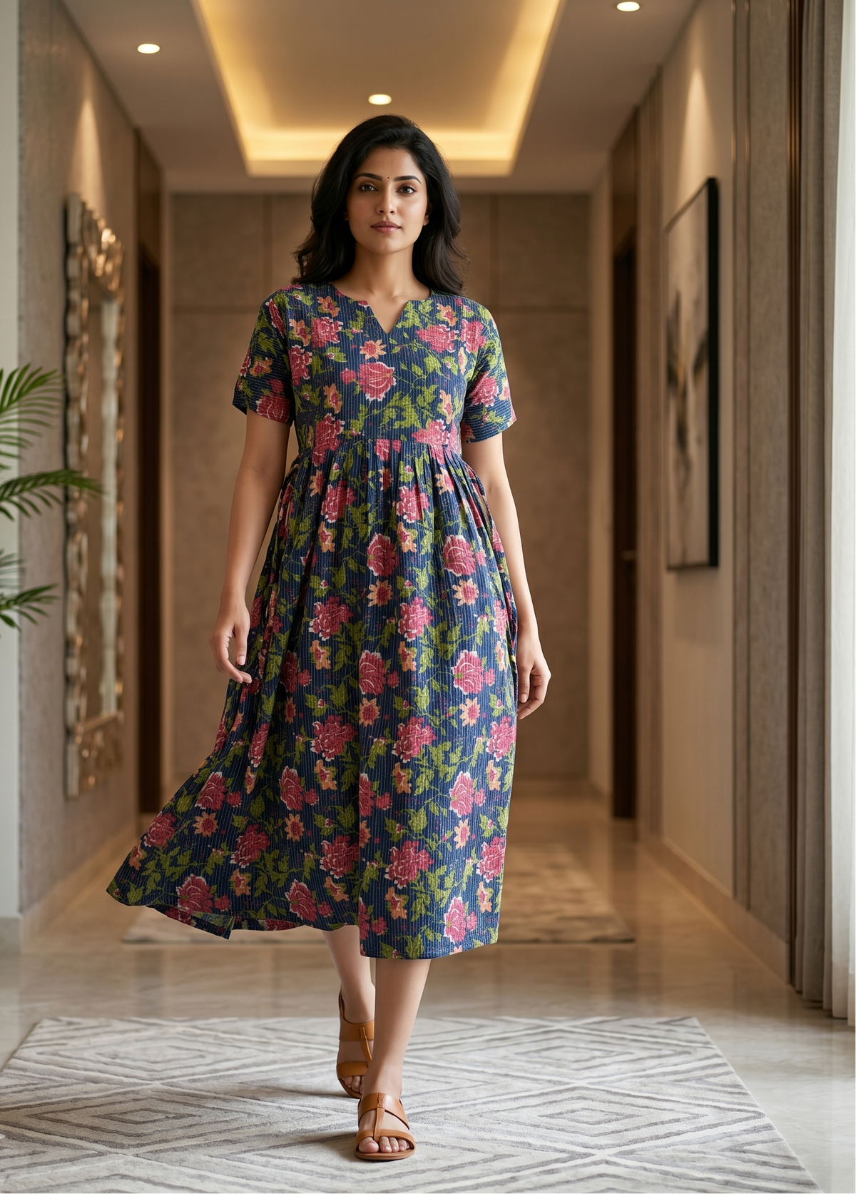 Floral Printed Maternity & Feeding Maxi Frock with Zipper - Mangai Nighties