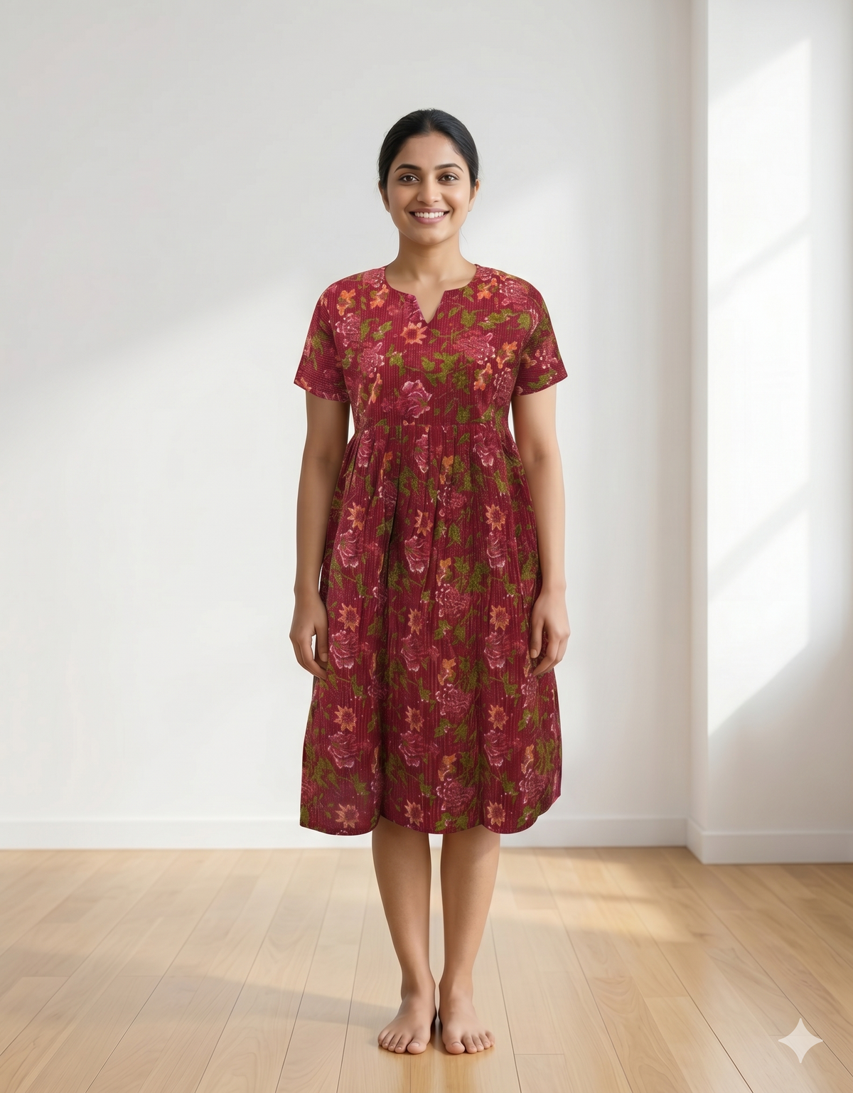 Premium Navy Blue Floral Printed Maternity & Feeding Maxi Frock – Soft Cotton Round Neck Pleated Pregnancy Wear with Side Pocket(KFM)