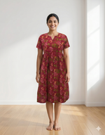 Premium Navy Blue Floral Printed Maternity & Feeding Maxi Frock – Soft Cotton Round Neck Pleated Pregnancy Wear with Side Pocket(KFM)