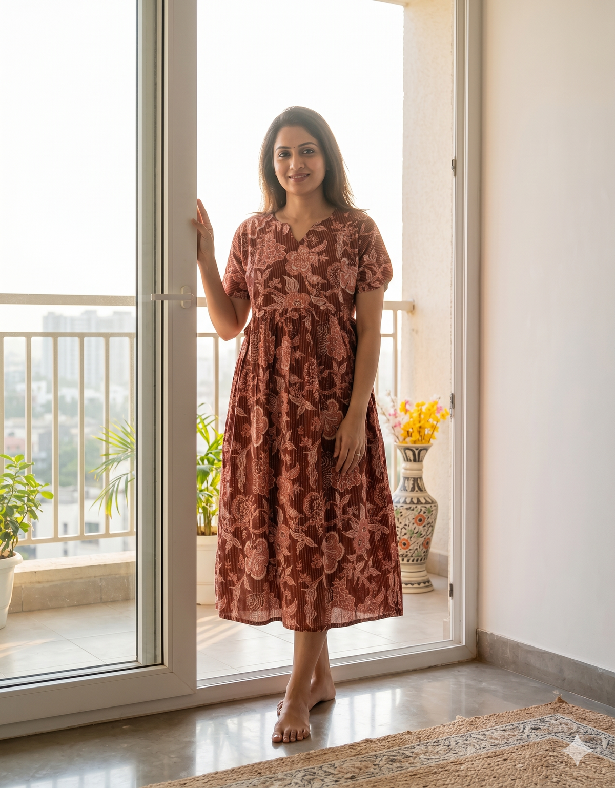 Premium Rose Pink Floral Printed Maternity & Feeding Maxi Frock – Soft Cotton Round Neck Pleated Pregnancy Wear with Side Pocket (KFM)