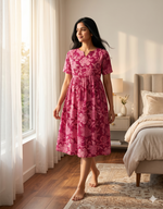 Premium Rose Pink Floral Printed Maternity & Feeding Maxi Frock – Soft Cotton Round Neck Pleated Pregnancy Wear with Side Pocket (KFM)