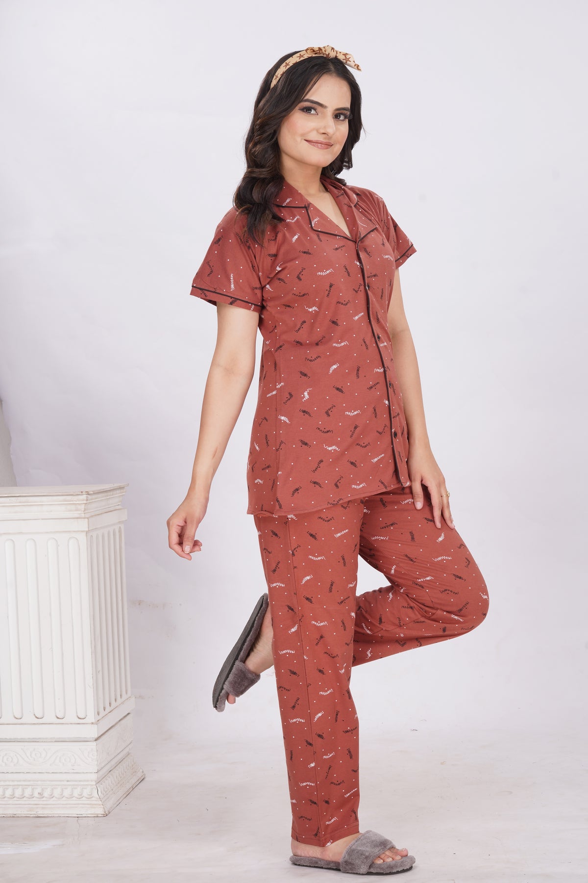 MANGAI Stylish HOSIERY Collar Night Suits | Stylish Print's All Over | Top & Bottom Set | Half Sleeve | Trendy Night Suits for Stylish Women's (HCPS)