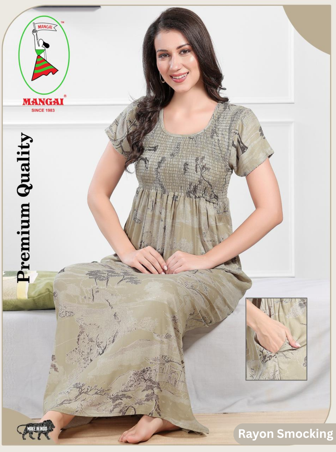 MANGAI Premium RAYON Smocking Nighty | Beautiful Pleated Design | Side Pocket | Stylish Nighty for Trendy Women's | Your Perfect Nightwear Collection's (RYS)