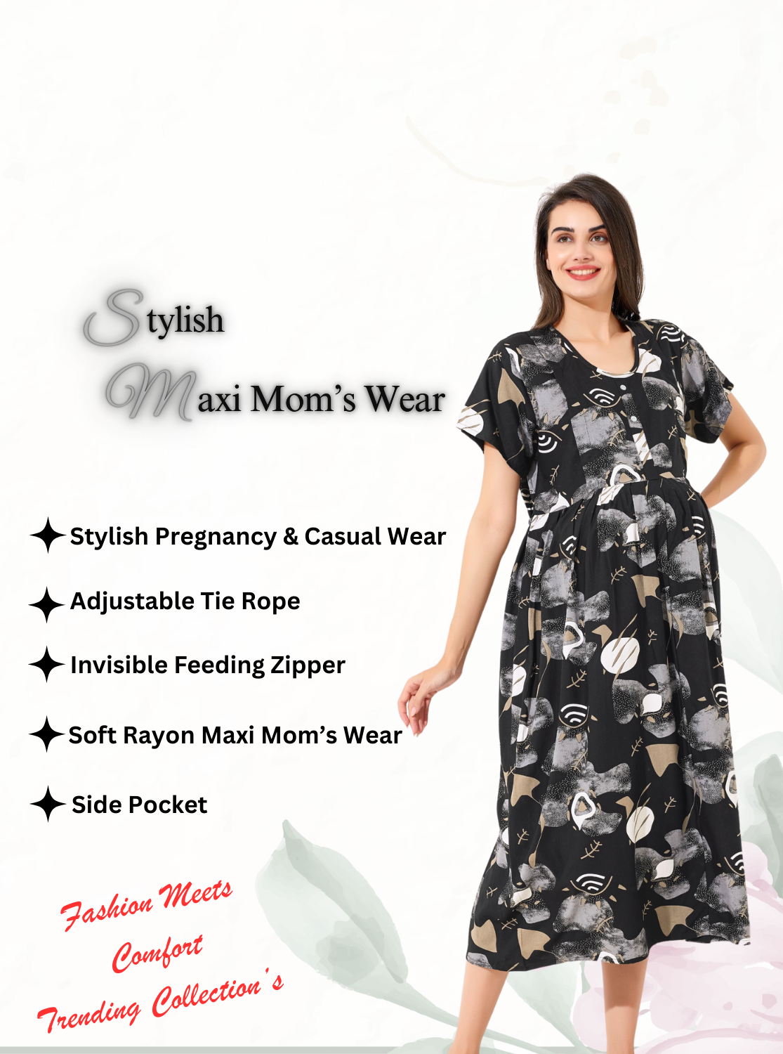 MANGAI Rayon 4-IN-ONE MAXI Mom's Feeding & Casual Wear | Stylish Maxi Style | Invisible Feeding Zipper | Perfect Pre & Post Pregnancy Wear (FIO-MXI)